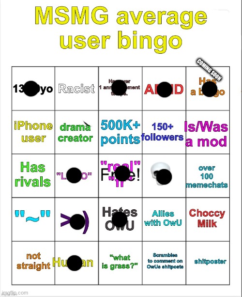 MSMG average user bingo by OwU- | COMING SOON | image tagged in msmg average user bingo by owu- | made w/ Imgflip meme maker
