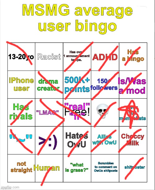 I hate all of you <3 | image tagged in msmg average user bingo by owu- | made w/ Imgflip meme maker