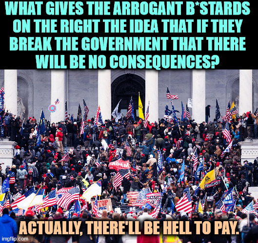 WHAT GIVES THE ARROGANT B*STARDS 
ON THE RIGHT THE IDEA THAT IF THEY 
BREAK THE GOVERNMENT THAT THERE 
WILL BE NO CONSEQUENCES? ACTUALLY, THERE'LL BE HELL TO PAY. | image tagged in right wing,maga,break,government,jail,prison | made w/ Imgflip meme maker