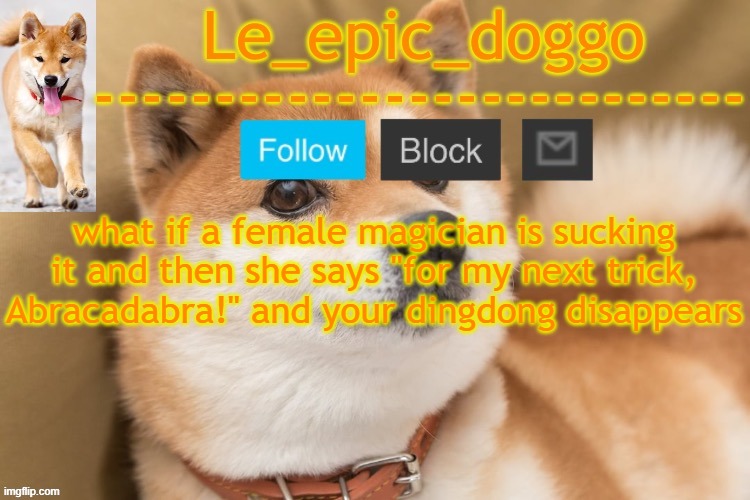 epic doggo's temp back in old fashion | what if a female magician is sucking it and then she says "for my next trick, Abracadabra!" and your dingdong disappears | image tagged in epic doggo's temp back in old fashion | made w/ Imgflip meme maker