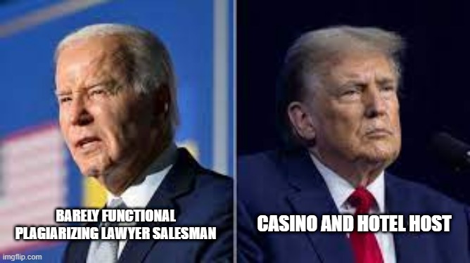 Not much military tactical on field experience between these 2 is there.... | BARELY FUNCTIONAL PLAGIARIZING LAWYER SALESMAN; CASINO AND HOTEL HOST | image tagged in trump,biden,election | made w/ Imgflip meme maker