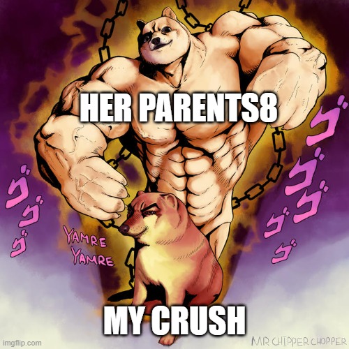 OH NO D: | HER PARENTS8; MY CRUSH | image tagged in cheems and buff doge stand,oh no,crush,im in danger,danger,oh frick | made w/ Imgflip meme maker