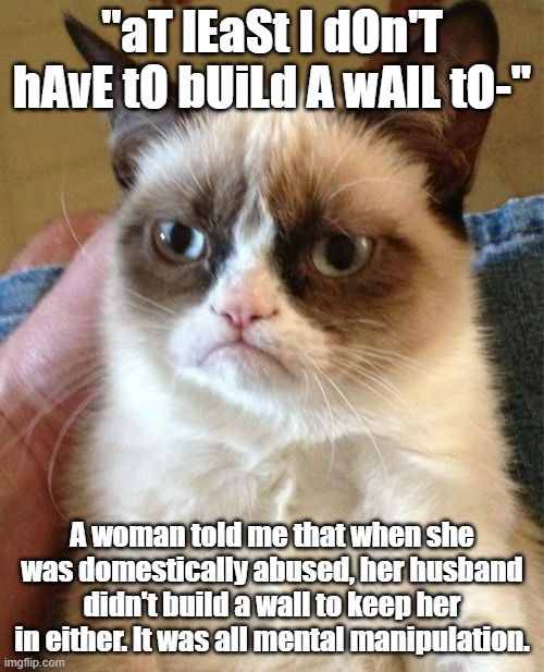 Grumpy Cat | "aT lEaSt I dOn'T hAvE tO bUiLd A wAlL tO-"; A woman told me that when she was domestically abused, her husband didn't build a wall to keep her in either. It was all mental manipulation. | image tagged in memes,grumpy cat | made w/ Imgflip meme maker