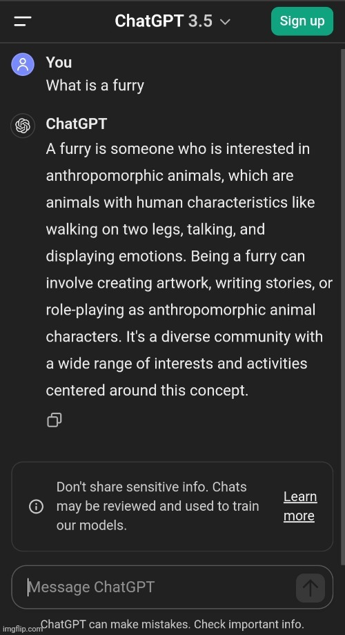 Now ChatGPT got the right idea! | image tagged in chatgpt,ai,artificial intelligence,furry,pro-fandom | made w/ Imgflip meme maker