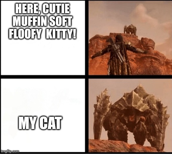 Charger of the Mesa | HERE, CUTIE MUFFIN SOFT FLOOFY  KITTY! MY CAT | image tagged in charger of the mesa | made w/ Imgflip meme maker