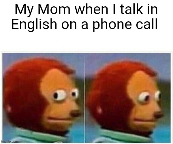Monkey Puppet | My Mom when I talk in English on a phone call | image tagged in memes,monkey puppet | made w/ Imgflip meme maker