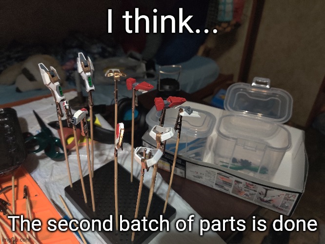 This batch was the legs, waist, and beam sabers. Next batch will be the wings and beam rifle | I think... The second batch of parts is done | made w/ Imgflip meme maker