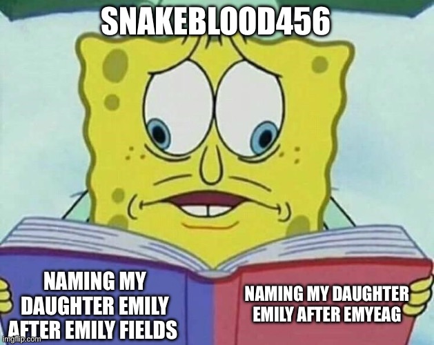 cross eyed spongebob | SNAKEBLOOD456; NAMING MY DAUGHTER EMILY AFTER EMYEAG; NAMING MY DAUGHTER EMILY AFTER EMILY FIELDS | image tagged in cross eyed spongebob | made w/ Imgflip meme maker