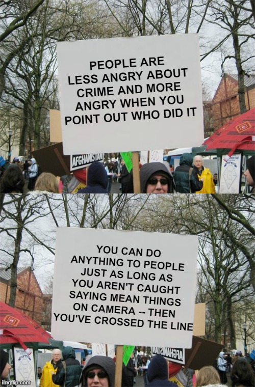 The sad state of inverted affairs | PEOPLE ARE LESS ANGRY ABOUT CRIME AND MORE ANGRY WHEN YOU POINT OUT WHO DID IT; YOU CAN DO ANYTHING TO PEOPLE JUST AS LONG AS YOU AREN'T CAUGHT SAYING MEAN THINGS ON CAMERA -- THEN YOU'VE CROSSED THE LINE | image tagged in blank protest sign | made w/ Imgflip meme maker