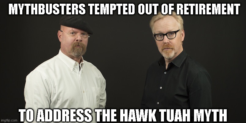 Mythbusters | MYTHBUSTERS TEMPTED OUT OF RETIREMENT; TO ADDRESS THE HAWK TUAH MYTH | image tagged in mythbusters | made w/ Imgflip meme maker