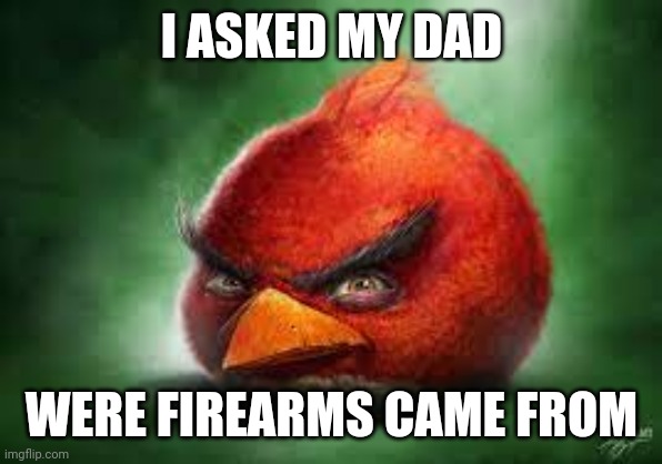 Realistic Red Angry Birds | I ASKED MY DAD; WERE FIREARMS CAME FROM | image tagged in realistic red angry birds | made w/ Imgflip meme maker
