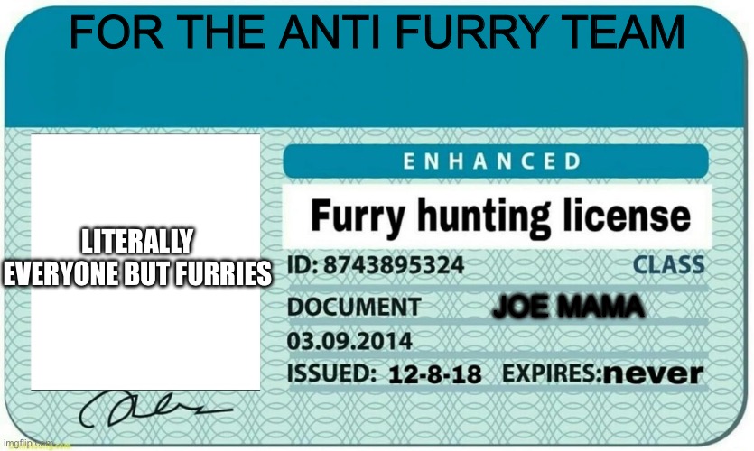 Da furries | FOR THE ANTI FURRY TEAM; LITERALLY EVERYONE BUT FURRIES; JOE MAMA | image tagged in furry hunting license | made w/ Imgflip meme maker