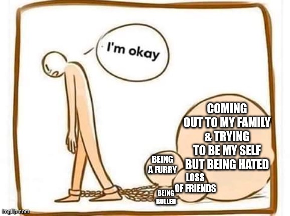 Im Okay | COMING OUT TO MY FAMILY & TRYING TO BE MY SELF BUT BEING HATED; BEING A FURRY; LOSS OF FRIENDS; BEING BULLED | image tagged in im okay | made w/ Imgflip meme maker