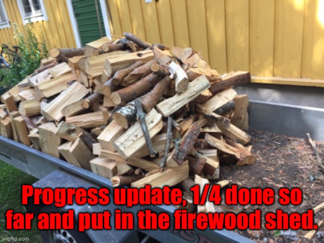 Progress update, 1/4 done so far and put in the firewood shed. | made w/ Imgflip meme maker