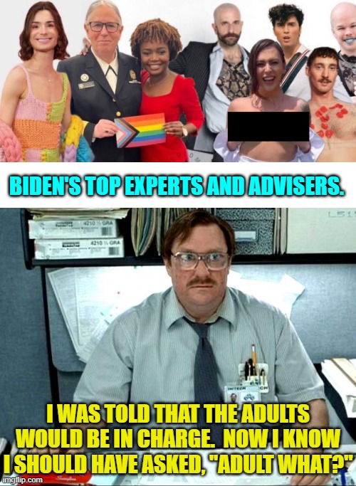 It's ALWAYS 'Buyer Beware' when the political Left is selling you something. | BIDEN'S TOP EXPERTS AND ADVISERS. I WAS TOLD THAT THE ADULTS WOULD BE IN CHARGE.  NOW I KNOW I SHOULD HAVE ASKED, "ADULT WHAT?" | image tagged in i was told there would be | made w/ Imgflip meme maker