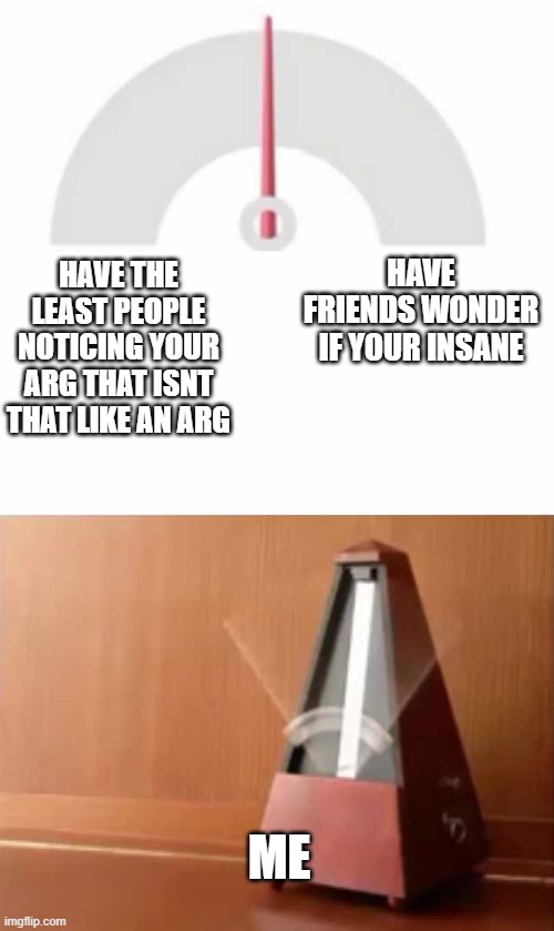 Huh. | HAVE FRIENDS WONDER IF YOUR INSANE; HAVE THE LEAST PEOPLE NOTICING YOUR ARG THAT ISNT THAT LIKE AN ARG; ME | image tagged in metronome | made w/ Imgflip meme maker