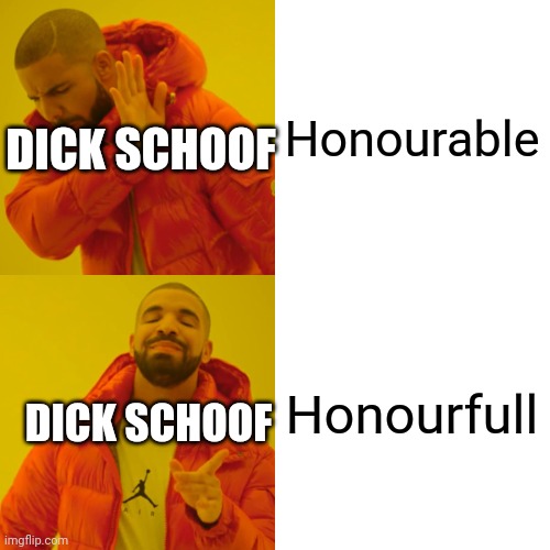 Drake Hotline Bling Meme | Honourable; DICK SCHOOF; Honourfull; DICK SCHOOF | image tagged in memes,drake hotline bling | made w/ Imgflip meme maker