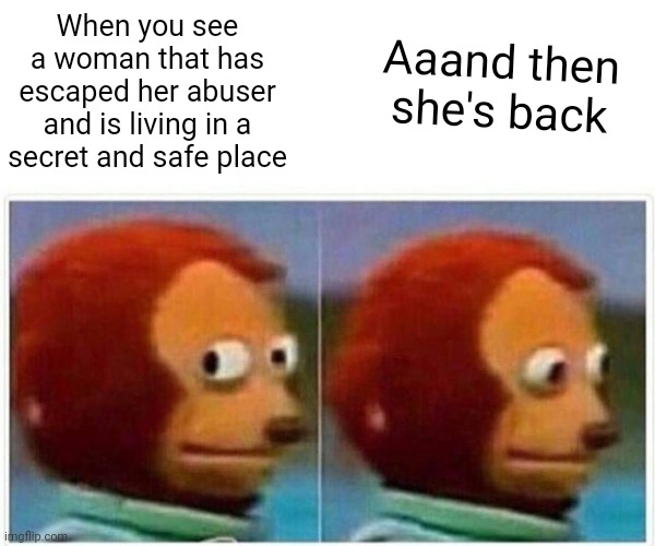 Monkey Puppet Meme | When you see a woman that has escaped her abuser and is living in a secret and safe place Aaand then she's back | image tagged in memes,monkey puppet | made w/ Imgflip meme maker