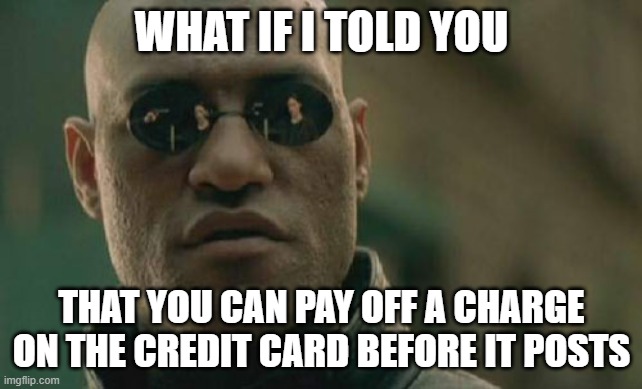 Matrix Morpheus | WHAT IF I TOLD YOU; THAT YOU CAN PAY OFF A CHARGE ON THE CREDIT CARD BEFORE IT POSTS | image tagged in memes,matrix morpheus | made w/ Imgflip meme maker