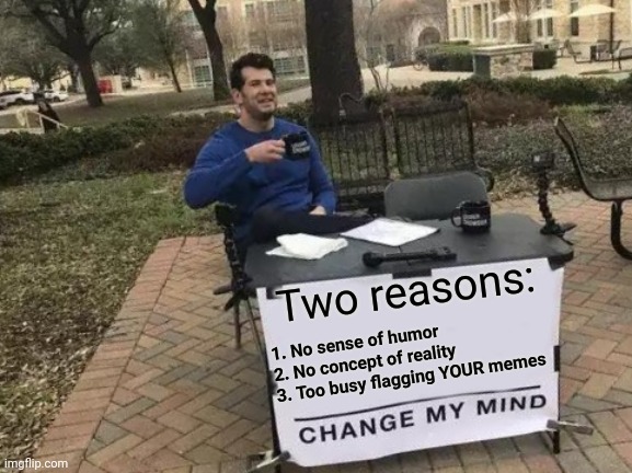 Change My Mind Meme | Two reasons: 1. No sense of humor

2. No concept of reality

3. Too busy flagging YOUR memes | image tagged in memes,change my mind | made w/ Imgflip meme maker