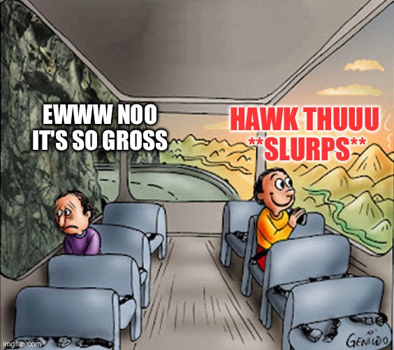 Hawk Thu Girls | HAWK THUUU 
**SLURPS**; EWWW NOO IT'S SO GROSS | image tagged in two guys on a bus | made w/ Imgflip meme maker