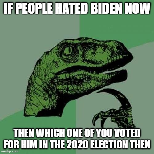 WHICH ONE OF YOU VOTED FOR HIM | IF PEOPLE HATED BIDEN NOW; THEN WHICH ONE OF YOU VOTED FOR HIM IN THE 2020 ELECTION THEN | image tagged in memes,philosoraptor,2020 election,politics lol,joe biden | made w/ Imgflip meme maker