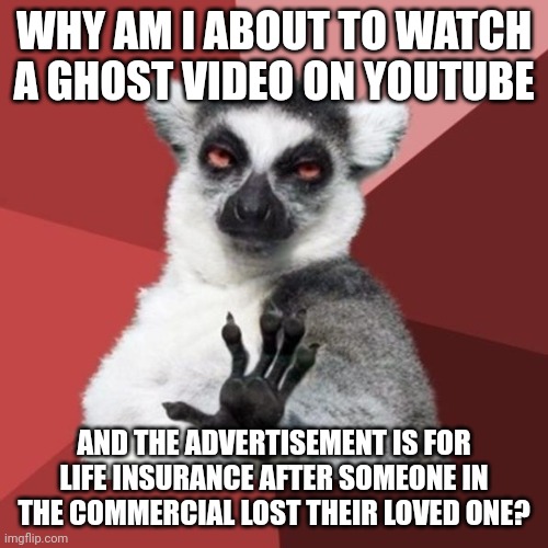 Chill Out Lemur | WHY AM I ABOUT TO WATCH A GHOST VIDEO ON YOUTUBE; AND THE ADVERTISEMENT IS FOR LIFE INSURANCE AFTER SOMEONE IN THE COMMERCIAL LOST THEIR LOVED ONE? | image tagged in memes,chill out lemur | made w/ Imgflip meme maker