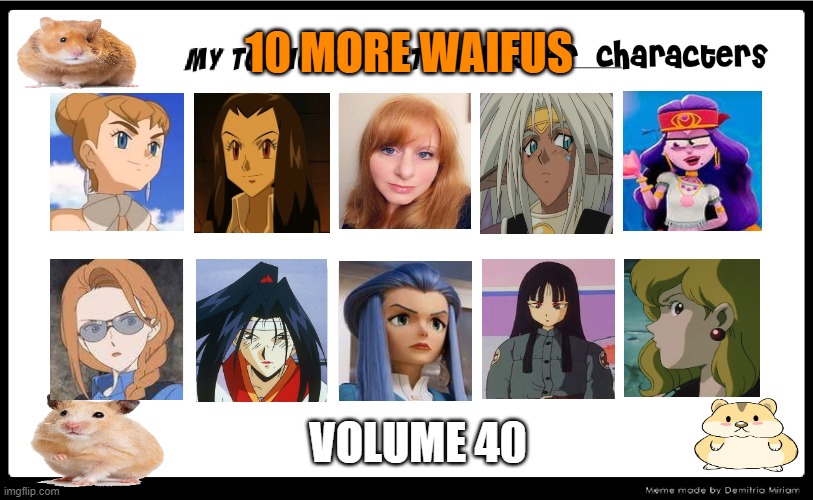 top 10 waifus volume 40 | 10 MORE WAIFUS; VOLUME 40 | image tagged in top 10 favorite hamster characters,waifu,pokemon,anime,movies,beautiful woman | made w/ Imgflip meme maker