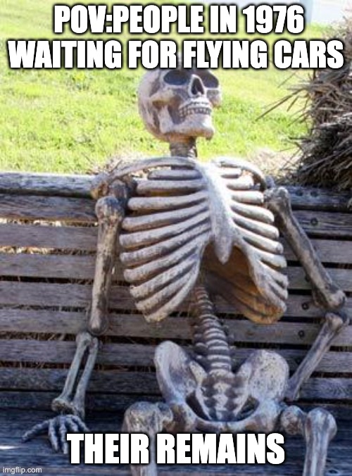 Waiting Skeleton Meme | POV:PEOPLE IN 1976 WAITING FOR FLYING CARS; THEIR REMAINS | image tagged in memes,waiting skeleton | made w/ Imgflip meme maker