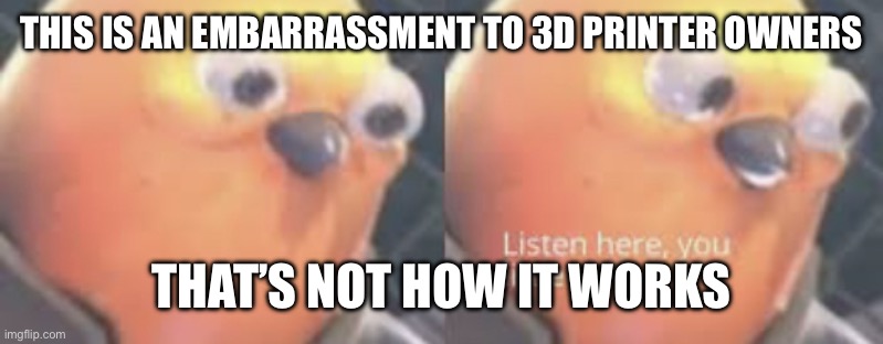 Listen here you little shit bird | THIS IS AN EMBARRASSMENT TO 3D PRINTER OWNERS THAT’S NOT HOW IT WORKS | image tagged in listen here you little shit bird | made w/ Imgflip meme maker