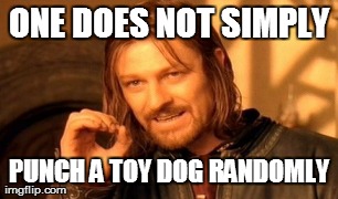 One Does Not Simply Meme | ONE DOES NOT SIMPLY PUNCH A TOY DOG RANDOMLY | image tagged in memes,one does not simply | made w/ Imgflip meme maker