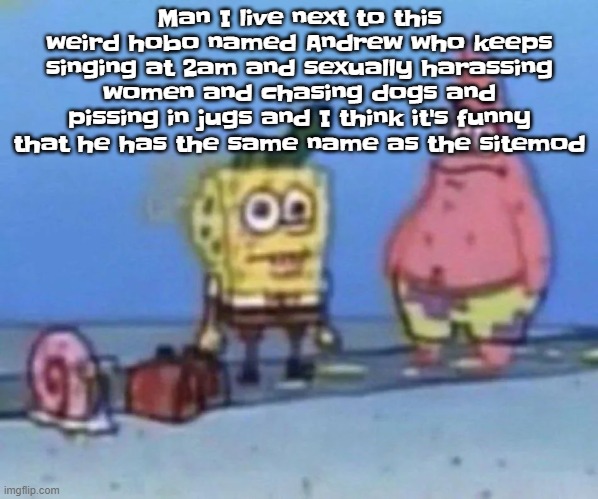 sponge and pat | Man I live next to this weird hobo named Andrew who keeps singing at 2am and sexually harassing women and chasing dogs and pissing in jugs and I think it's funny that he has the same name as the sitemod | image tagged in sponge and pat | made w/ Imgflip meme maker