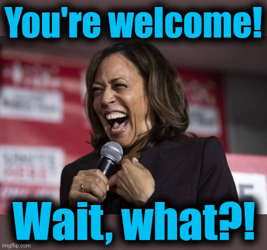 Kamala laughing | You're welcome! Wait, what?! | image tagged in kamala laughing | made w/ Imgflip meme maker