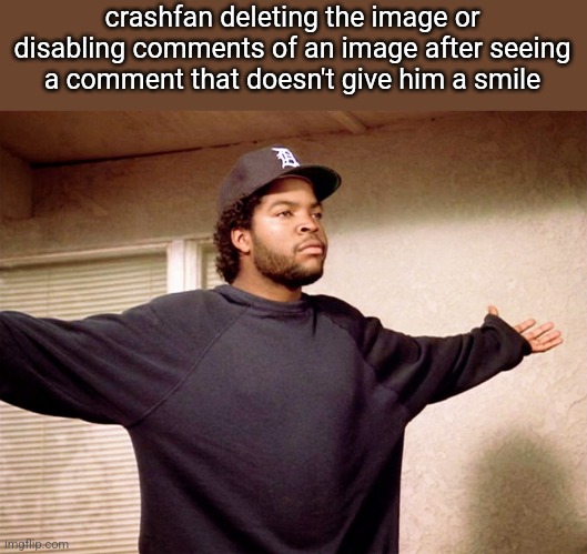 ice cube | crashfan deleting the image or disabling comments of an image after seeing a comment that doesn't give him a smile | image tagged in ice cube | made w/ Imgflip meme maker