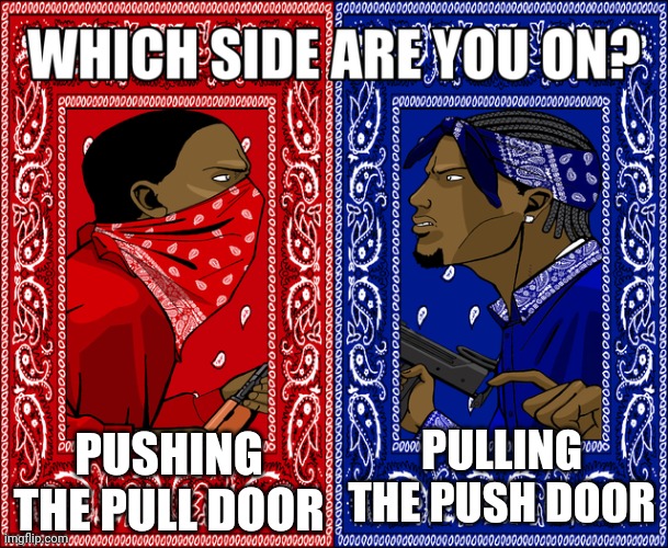 Which one are you? | PUSHING THE PULL DOOR; PULLING THE PUSH DOOR | image tagged in which side are you on,memes,funny,a random meme | made w/ Imgflip meme maker