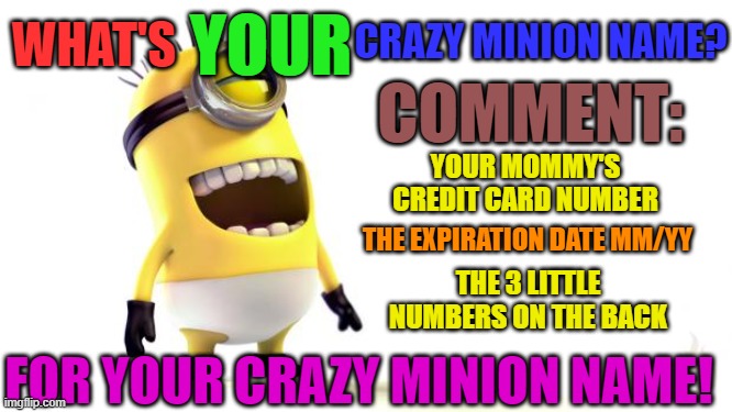 WELL, WHAT ARE YOU WAITING FOR? FIND OUT NOW! | YOUR; CRAZY MINION NAME? WHAT'S; COMMENT:; YOUR MOMMY'S CREDIT CARD NUMBER; THE EXPIRATION DATE MM/YY; THE 3 LITTLE NUMBERS ON THE BACK; FOR YOUR CRAZY MINION NAME! | image tagged in despicable me minions,fun,memes,funny | made w/ Imgflip meme maker