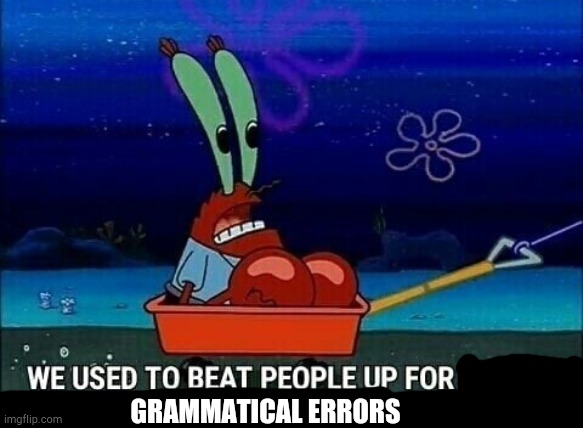 Mr. Krabs We used to beat people up for saying things like that | GRAMMATICAL ERRORS | image tagged in mr krabs we used to beat people up for saying things like that | made w/ Imgflip meme maker