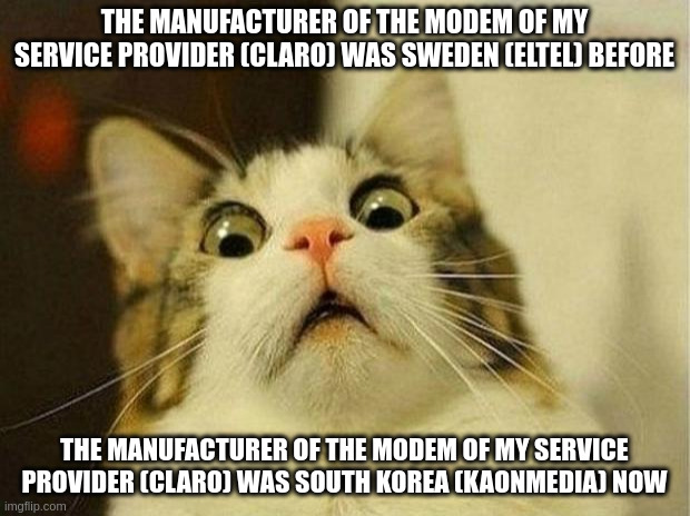 modem | THE MANUFACTURER OF THE MODEM OF MY SERVICE PROVIDER (CLARO) WAS SWEDEN (ELTEL) BEFORE; THE MANUFACTURER OF THE MODEM OF MY SERVICE PROVIDER (CLARO) WAS SOUTH KOREA (KAONMEDIA) NOW | image tagged in memes,scared cat | made w/ Imgflip meme maker