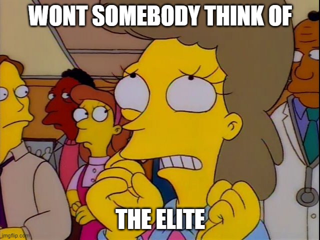 Won't somebody think of the children | WONT SOMEBODY THINK OF; THE ELITE | image tagged in won't somebody think of the children | made w/ Imgflip meme maker