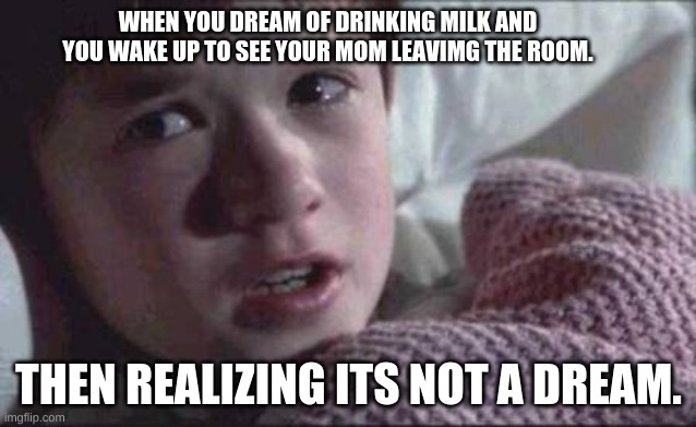 I See Dead People | WHEN YOU DREAM OF DRINKING MILK AND YOU WAKE UP TO SEE YOUR MOM LEAVIMG THE ROOM. THEN REALIZING ITS NOT A DREAM. | image tagged in memes,i see dead people | made w/ Imgflip meme maker
