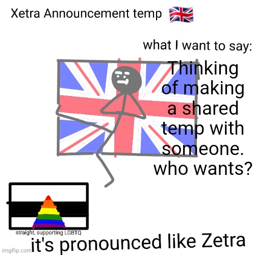 Xetra announcement temp | Thinking of making a shared temp with someone. who wants? | image tagged in xetra announcement temp | made w/ Imgflip meme maker