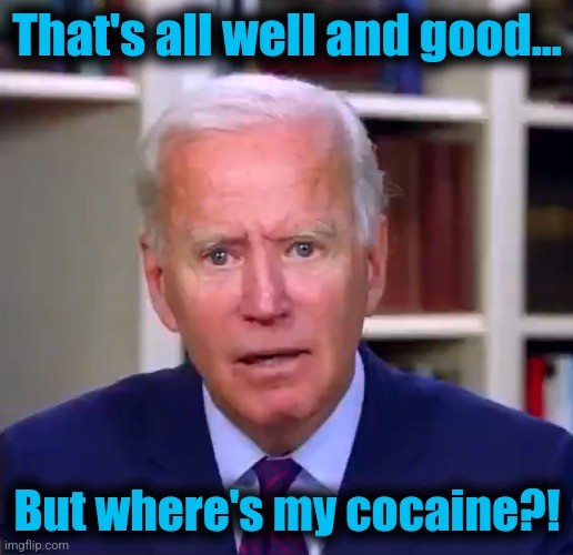 Slow Joe Biden Dementia Face | That's all well and good... But where's my cocaine?! | image tagged in slow joe biden dementia face | made w/ Imgflip meme maker