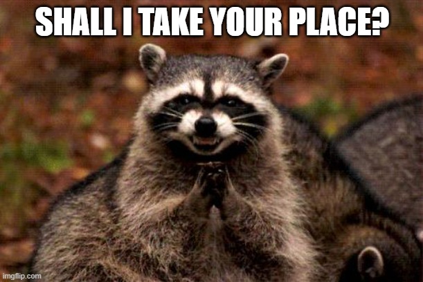 Evil Plotting Raccoon Meme | SHALL I TAKE YOUR PLACE? | image tagged in memes,evil plotting raccoon | made w/ Imgflip meme maker