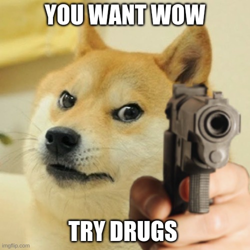 DRUUUUUGS | YOU WANT WOW; TRY DRUGS | image tagged in doge holding a gun | made w/ Imgflip meme maker