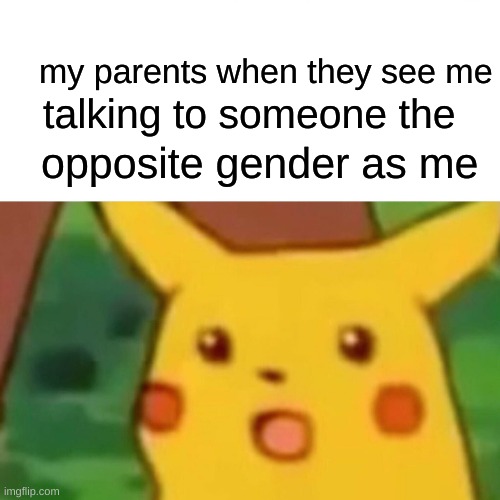 No she is not my girlfriend | my parents when they see me; talking to someone the; opposite gender as me | image tagged in memes,surprised pikachu,talking,gender,parents | made w/ Imgflip meme maker