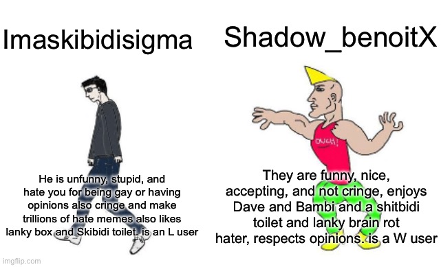 Am I true or what | Shadow_benoitX; Imaskibidisigma; They are funny, nice, accepting, and not cringe, enjoys Dave and Bambi and a shitbidi toilet and lanky brain rot hater, respects opinions. is a W user; He is unfunny, stupid, and hate you for being gay or having opinions also cringe and make trillions of hate memes also likes lanky box and Skibidi toilet. is an L user | image tagged in virgin vs chad | made w/ Imgflip meme maker