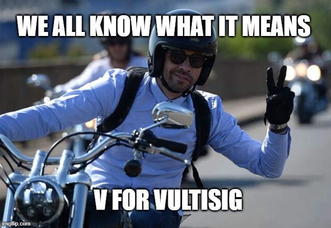 Vultisig Motorcyclist | WE ALL KNOW WHAT IT MEANS; V FOR VULTISIG | image tagged in vultisig,wave,motorcycle,crypto | made w/ Imgflip meme maker