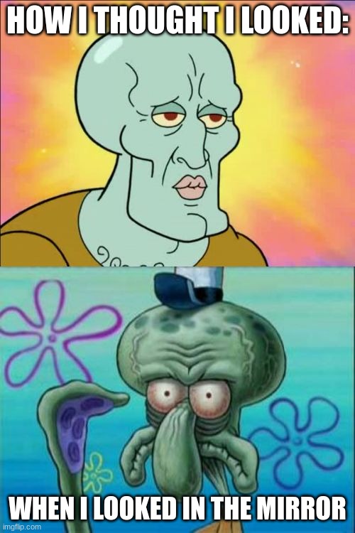 squidward | HOW I THOUGHT I LOOKED:; WHEN I LOOKED IN THE MIRROR | image tagged in memes,squidward | made w/ Imgflip meme maker