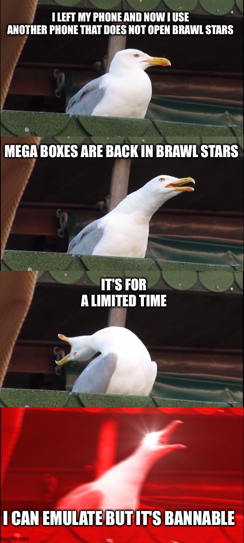 Inhaling Seagull | I LEFT MY PHONE AND NOW I USE ANOTHER PHONE THAT DOES NOT OPEN BRAWL STARS; MEGA BOXES ARE BACK IN BRAWL STARS; IT'S FOR A LIMITED TIME; I CAN EMULATE BUT IT'S BANNABLE | image tagged in memes,inhaling seagull,brawl stars | made w/ Imgflip meme maker