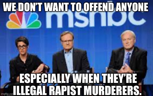 MSNBC hosts are stupid | WE DON’T WANT TO OFFEND ANYONE; ESPECIALLY WHEN THEY’RE ILLEGAL RAPIST MURDERERS. | image tagged in msnbc hosts are stupid,politics,political meme | made w/ Imgflip meme maker